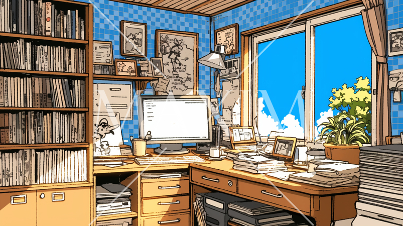 大きな本棚のある書斎から見た夏空