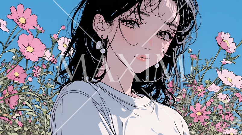 コスモス畑にいる若い女性