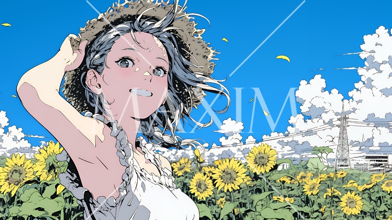 夏の晴天の日、ひまわりの畑を散策している若い女性