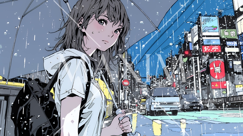 雨の日に傘をさして歩く若い女性