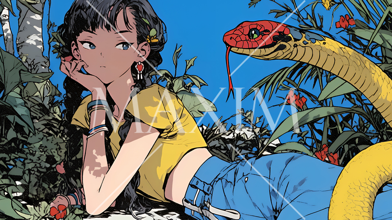 年賀状用：ヘビとなかよしの若い女性