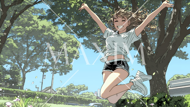 喜びにあふれ、軽やかにスキップする若い女性