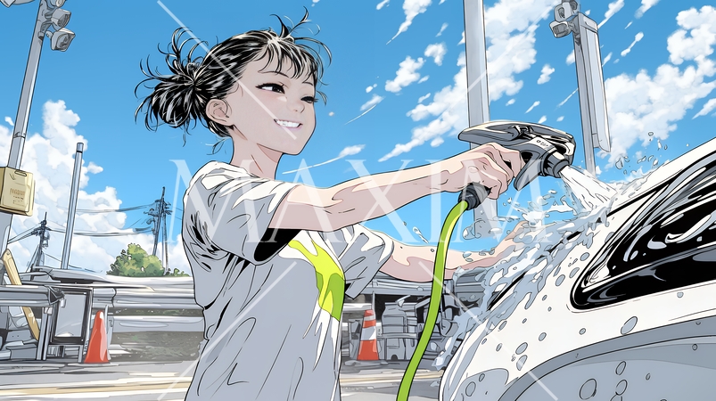 晴れた日に洗車をする若い女性｜青空と水しぶきの爽やかなライフスタイルシーン