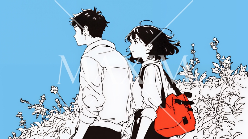 希望に満ちたライフスタイルを過ごす若いカップル：未来を見つめている（シンプルな色使い）