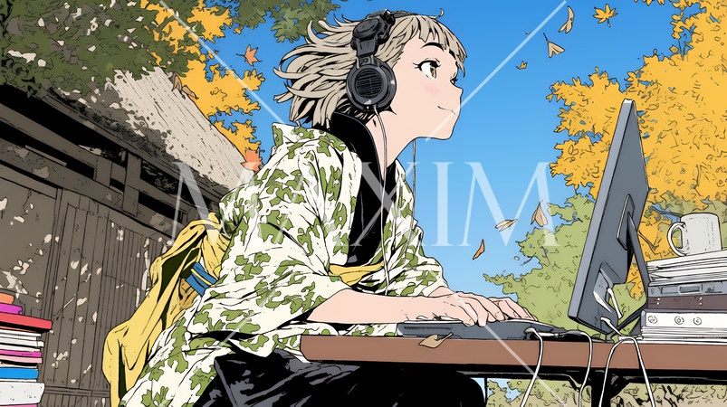 美しい紅葉の中でもPCを手放せない若い女性