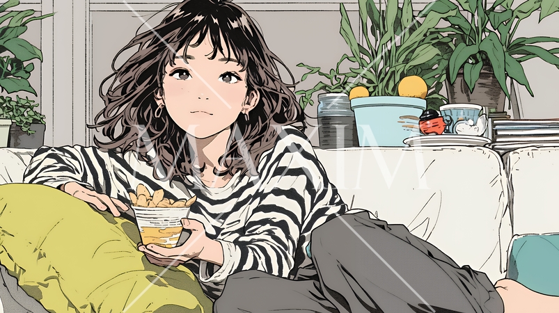 ポテトチップスをつまみながら、ひとりでビデオを観る若い女性