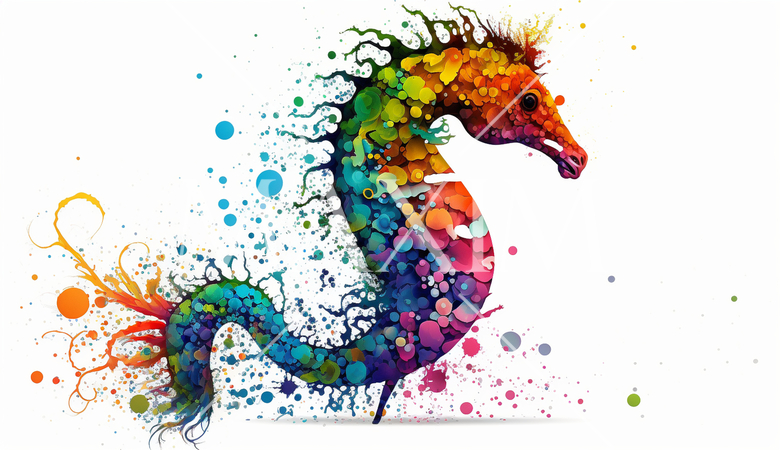 タツノオトシゴ：カラフルでサイケデリックでシュールレアリズム的な水彩画