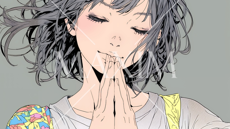 にっこり笑って手を合わせて「お願い」と甘える若い女性