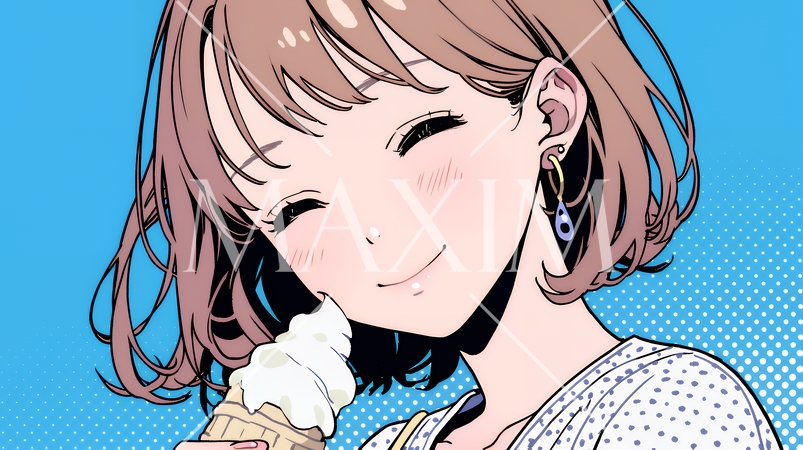 夏空の下でソフトクリーム（コーンに乗ったアイスクリーム）をたべる若い女性