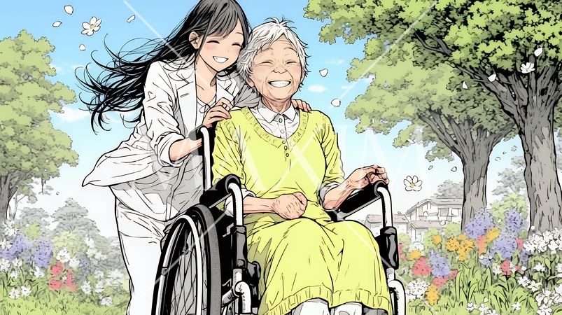 車椅子の歳をとった女性が若い女性に付き添われて公園を散歩している