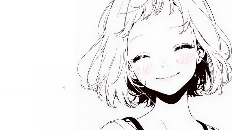 「うふふ」と微笑んでいる若い女性（シンプルな色使い）