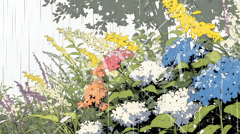 満開のアジサイと梅雨の雨