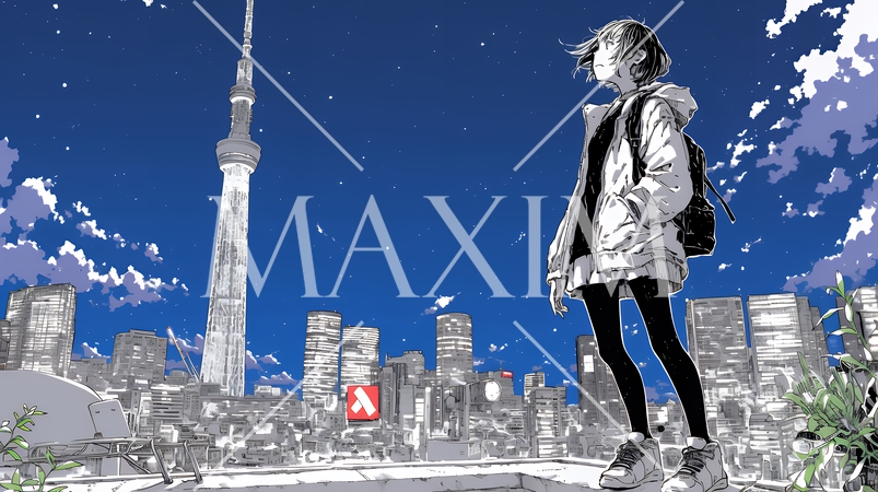 都市の夜景を眺めている女性