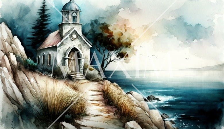 海辺に建つ教会（チャペル）の水彩画