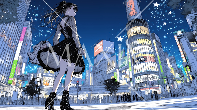 ゴシックロリータファッションで東京の町を歩く若い女性