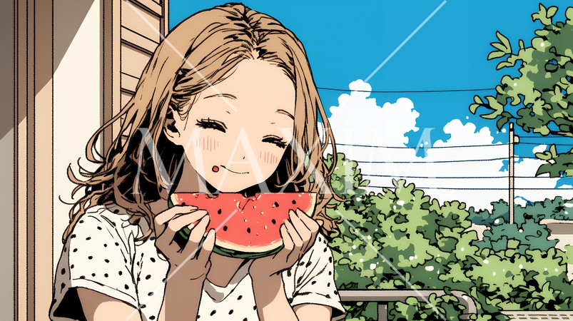 スイカを縁側で食べている若い女性