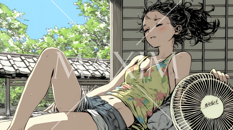 暑い夏の昼下がり、扇風機にあたって涼んでいる若い女性