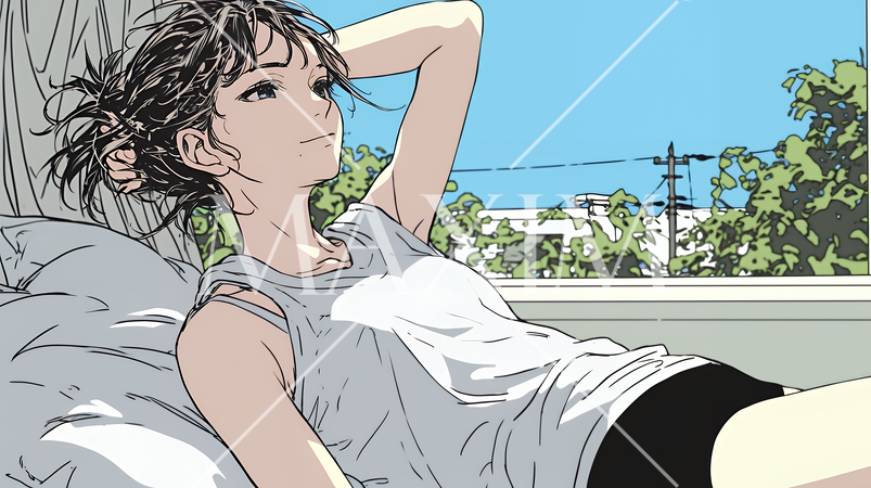 のんびり・ゆったり：朝日を浴びベッドで寛いでいる若い女性