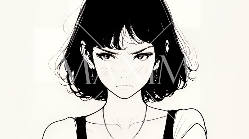 嫉妬の表情を浮かべる若い女性（シンプルな色使い）