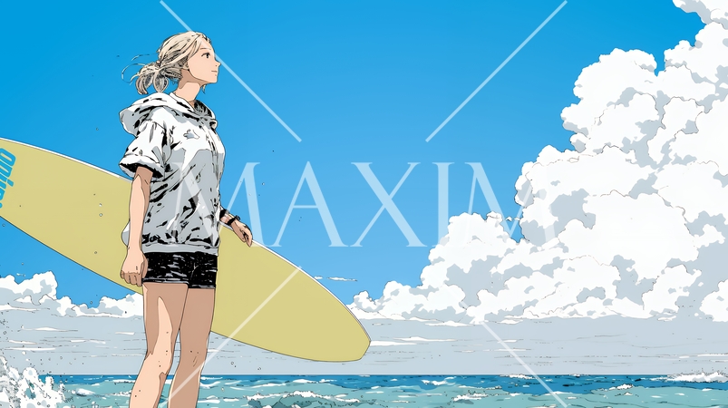 サーフボードを持ち海を見つめる若い女性｜ビーチ・リゾート・ライフスタイル・アウトドア