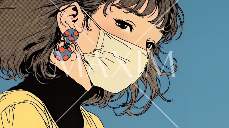 使い捨て不織布マスクをつけた若い女性