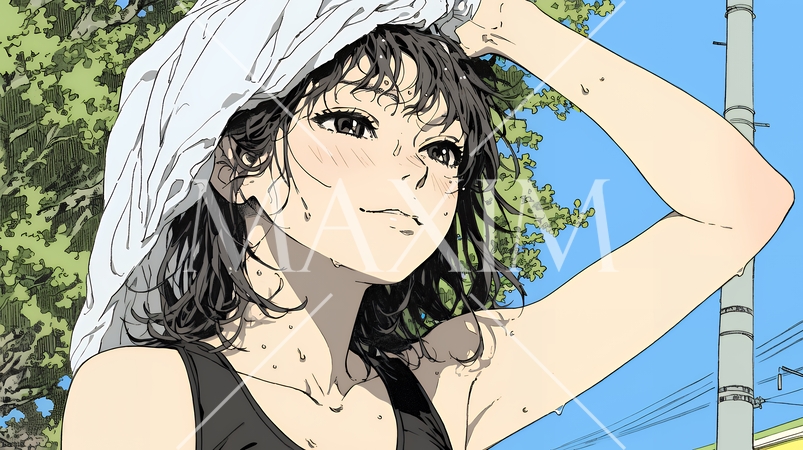 強烈な日差しでヘトヘト状態の女性（シンプルな色使い）