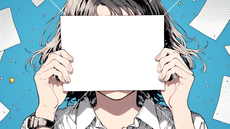 何も描いていないメッセージボードを掲げる若い女性