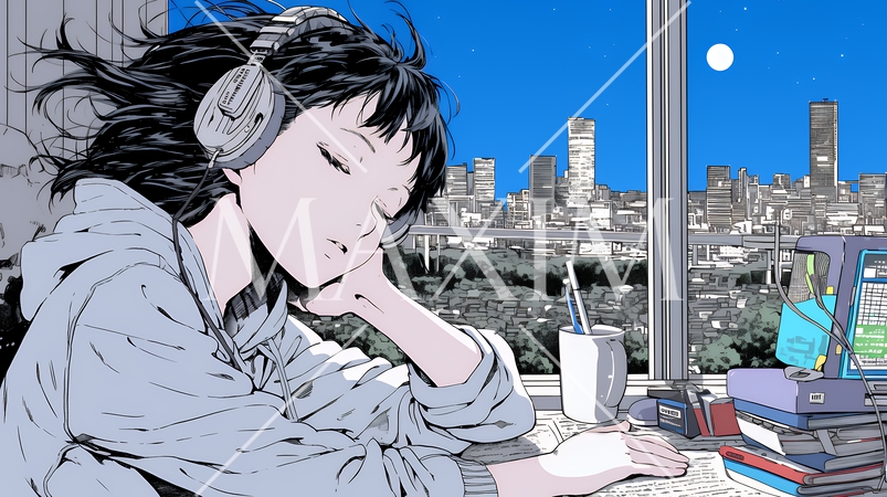 資料（本）を読みながら、うとうと眠ってしまう若い女性