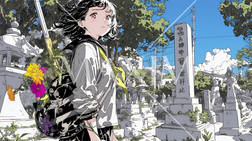 墓参りをしている若い女性