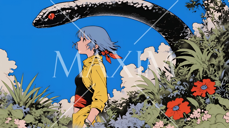 年賀状用：ヘビとなかよしの若い女性