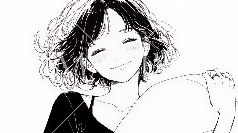 幸せそうな寝顔で眠っている若い女性（シンプルな色使い）