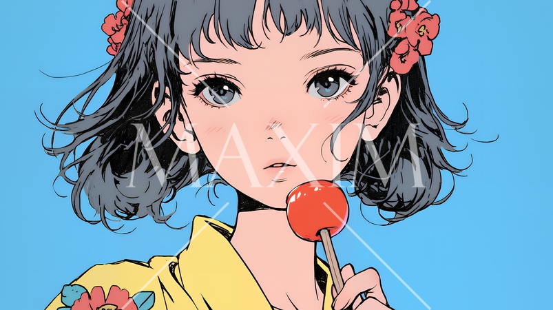 浴衣を着て縁日で買った林檎飴をしゃぶっている少女