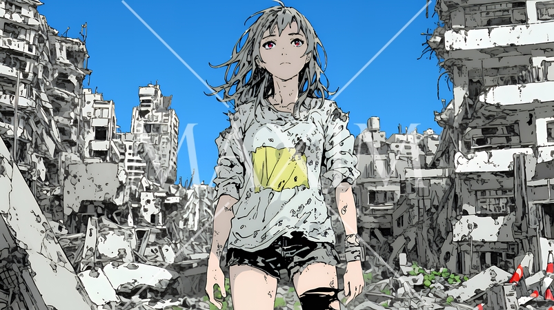 震災や空爆などで破壊された街で孤独に立ちすくむ若い女性