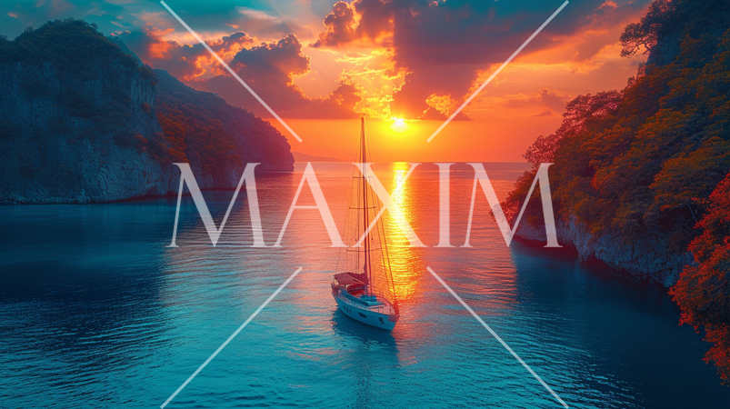 南洋の孤島とヨットと夕日：精緻CG