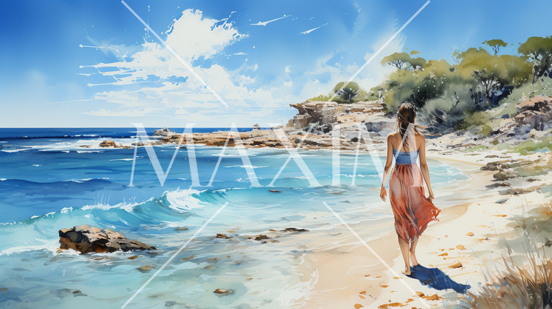 南国の青い空の下、美しい浜辺を歩く若い女性：水彩画