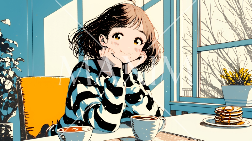 早朝のダイナー（喫茶店）でパンケーキ（モーニングセット）を食べる若い女性