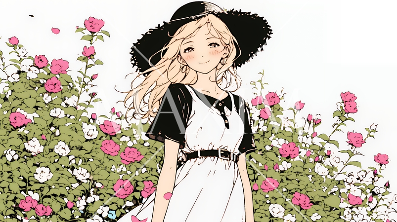 バラ園を散策している若い女性（シンプルな色使い）