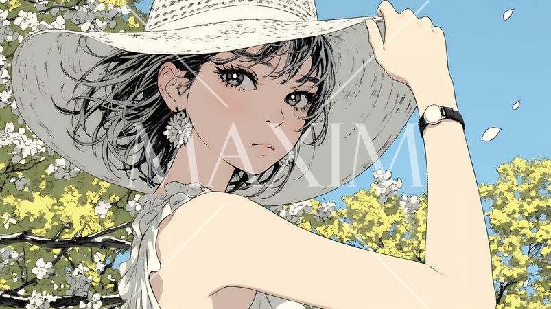 春風に飛ばされそうな帽子を、手で押さえる若い女性