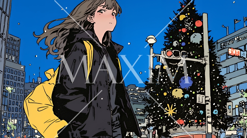 クリスマスイルミネーションが美しい街を散策する若い女性