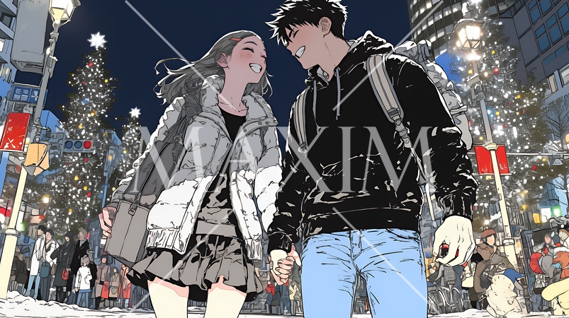 クリスマスイルミネーションの街でデートしているカップル