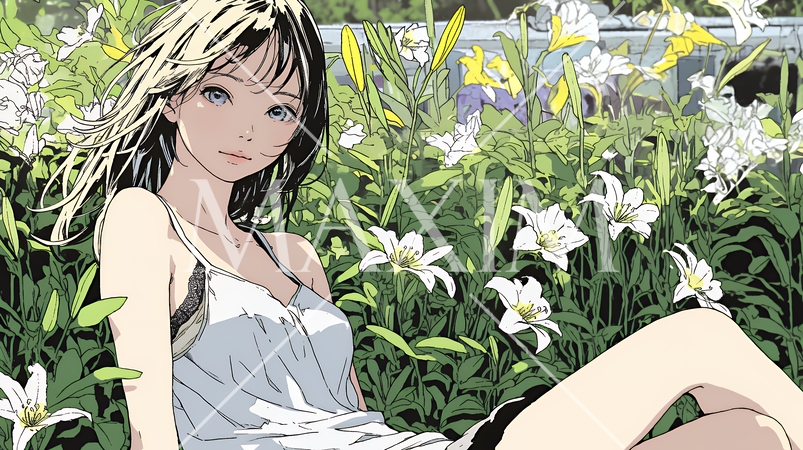 ユリの花と若い女性