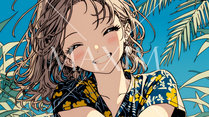 沖縄のかりゆしファッションを着て笑顔いっぱいの若い女性