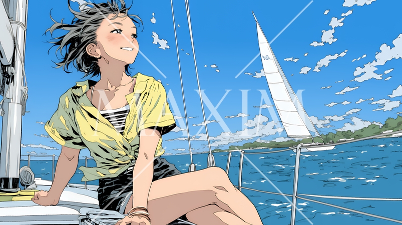 ヨットに乗っている若い女性