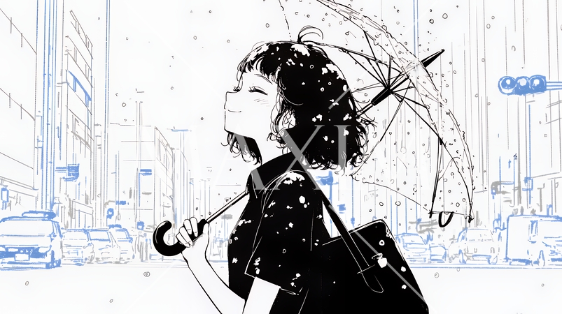 雨の日に傘をさして歩く若い女性（シンプルな色使い）