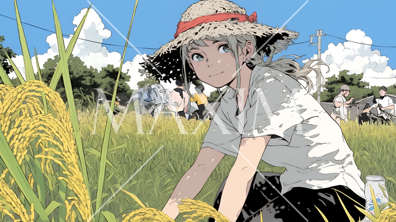 稲刈りをしている女性