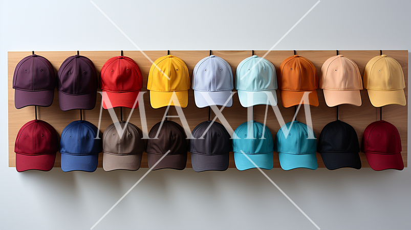 様々な色のキャップが壁に掛かっている背景画