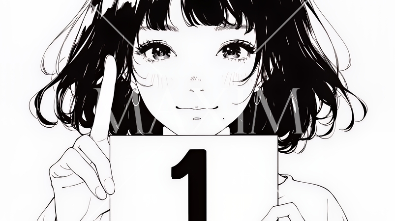 数字の「1」を掲げている若い女性（シンプルな色使い）