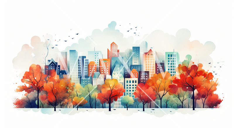 ビルが建ち並ぶ都市の外観イメージの水彩画