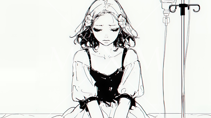 病院のベッドに腰掛けて気落ちしている女性（シンプルな色使い）