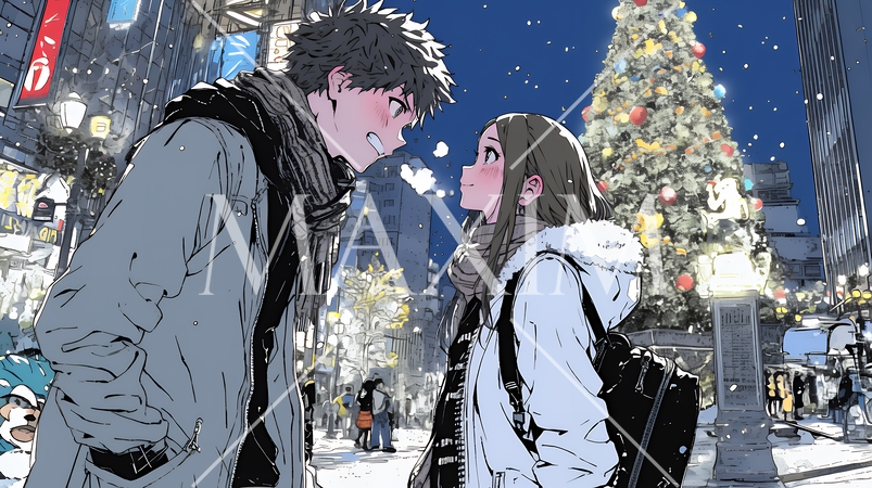 クリスマスイルミネーションの街でデートしているカップル